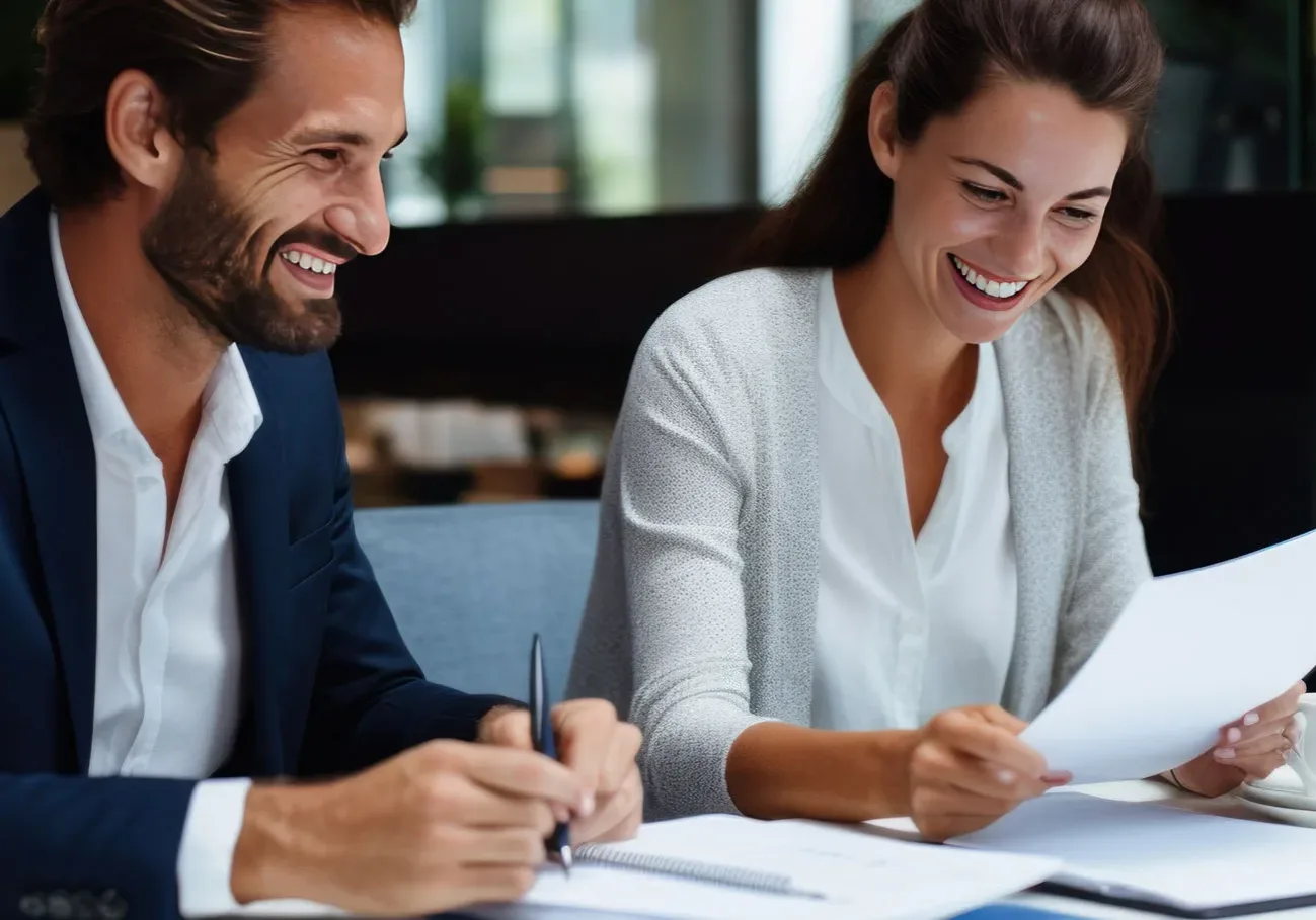 A middle aged male and female sitting beside each other, smiling at a desk looking at paperwork